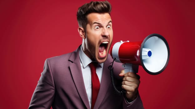 Big sale. Emotional portrait of marketing professional making big announcements on megaphone.