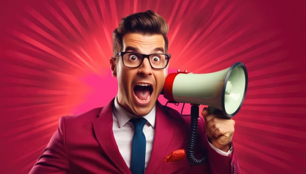 Big sale. Emotional portrait of marketing professional making big announcements on megaphone.