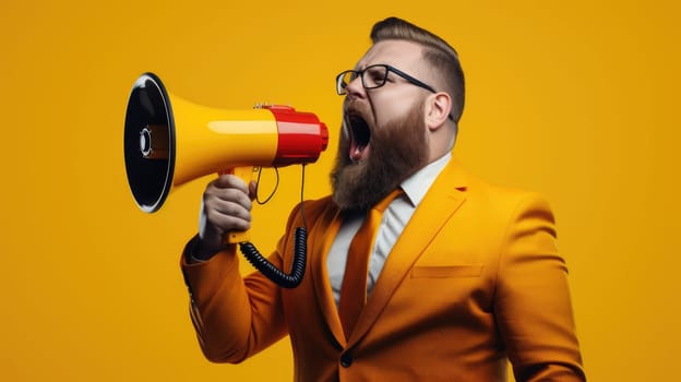 Big sale. Emotional portrait of marketing professional making big announcements on megaphone.