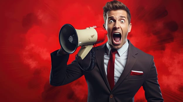 Big sale. Emotional portrait of marketing professional making big announcements on megaphone.