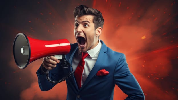 Big sale. Emotional portrait of marketing professional making big announcements on megaphone.