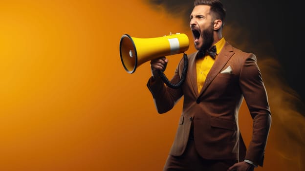 Big sale. Emotional portrait of marketing professional making big announcements on megaphone.