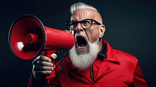 Big sale. Emotional portrait of marketing professional making big announcements on megaphone.