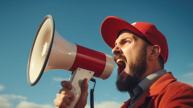 Big sale. Emotional portrait of marketing professional making big announcements on megaphone.