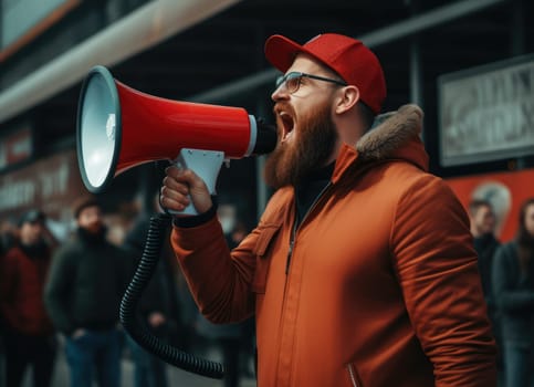 Big sale. Emotional portrait of marketing professional making big announcements on megaphone.