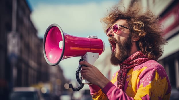 Big sale. Emotional portrait of marketing professional making big announcements on megaphone.