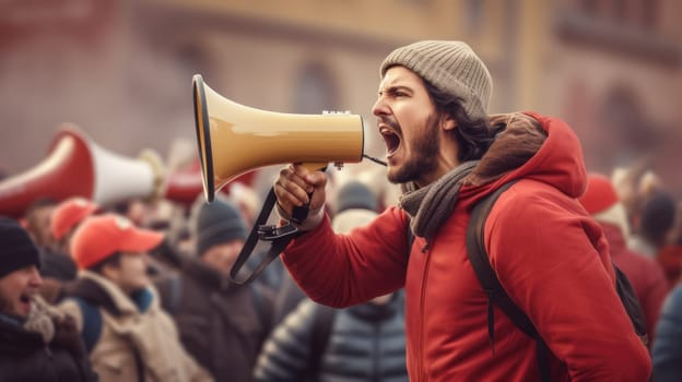 Big sale. Emotional portrait of marketing professional making big announcements on megaphone.