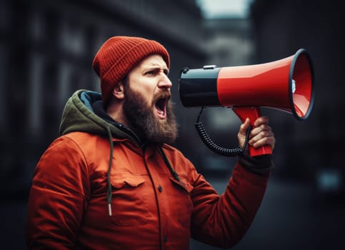 Big sale. Emotional portrait of marketing professional making big announcements on megaphone.