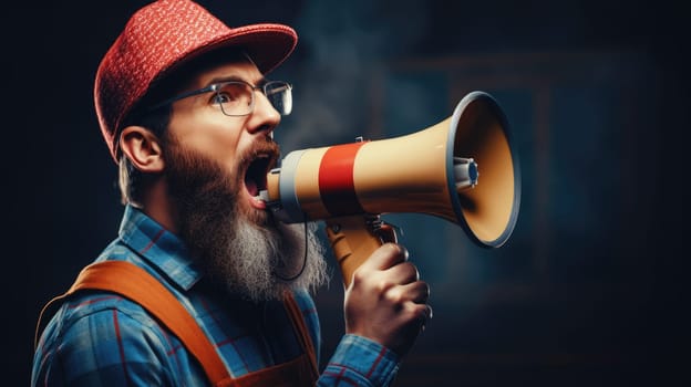 Big sale. Emotional portrait of marketing professional making big announcements on megaphone.