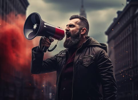 Big sale. Emotional portrait of marketing professional making big announcements on megaphone.