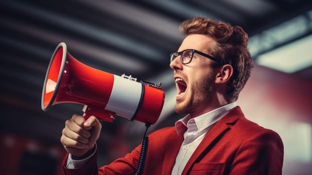 Big sale. Emotional portrait of marketing professional making big announcements on megaphone.