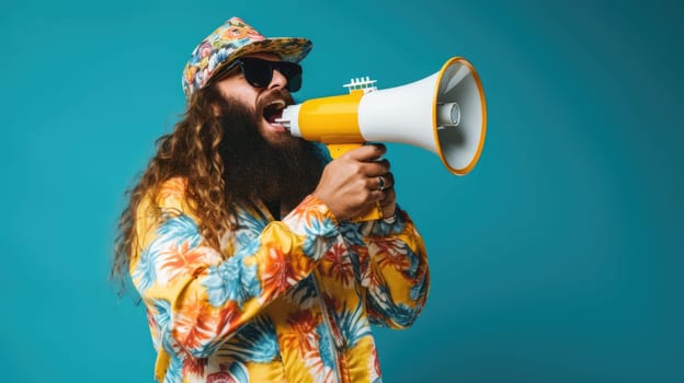 Big sale. Emotional portrait of marketing professional making big announcements on megaphone.