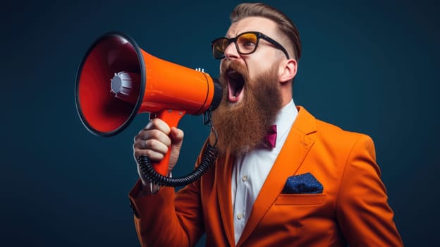 Big sale. Emotional portrait of marketing professional making big announcements on megaphone.