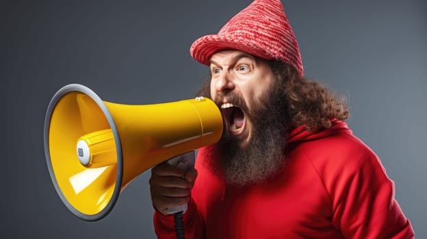 Big sale. Emotional portrait of marketing professional making big announcements on megaphone.