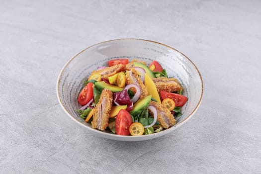 bowl with battered bacon, avocado and kumquat on stone background, studio food photography 4