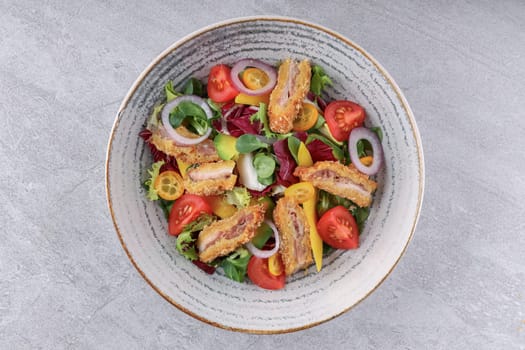 bowl with battered bacon, avocado and kumquat on stone background, studio food photography 3