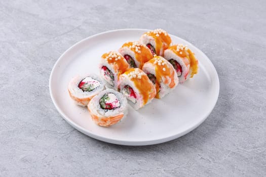 rolls with shrimp on a white background studio shooting 2