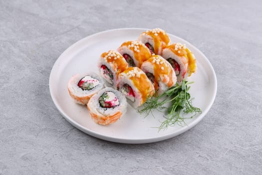 rolls with shrimp on a white background studio shooting
