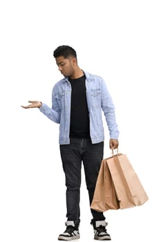 Man on a white background with shoppers point side.