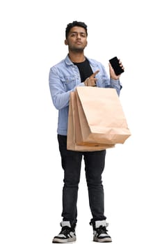 Man on a white background with shoppers show phone.
