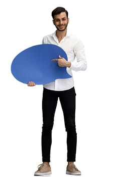 full-length man on a white background holding a sign comment.