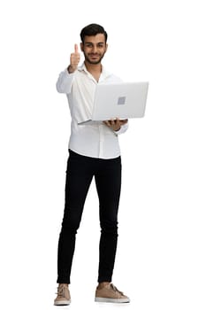 man on a white background. uses a computer, and show like sign.