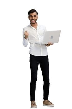 man on a white background. uses a computer.