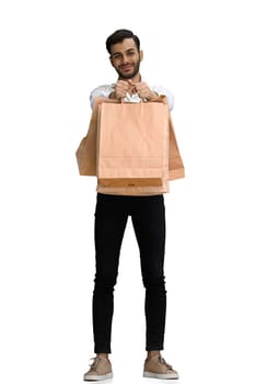 Man on a white background with shoppers.
