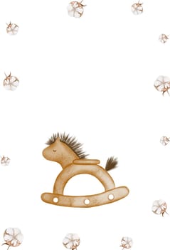Watercolor illustration of a baby toy rocking horse. Hand drawn sketch of a pony ride for babies. A cute animal for children's play. Vintage boho style drawing on isolated white background. A ready-made baby shower or birth card