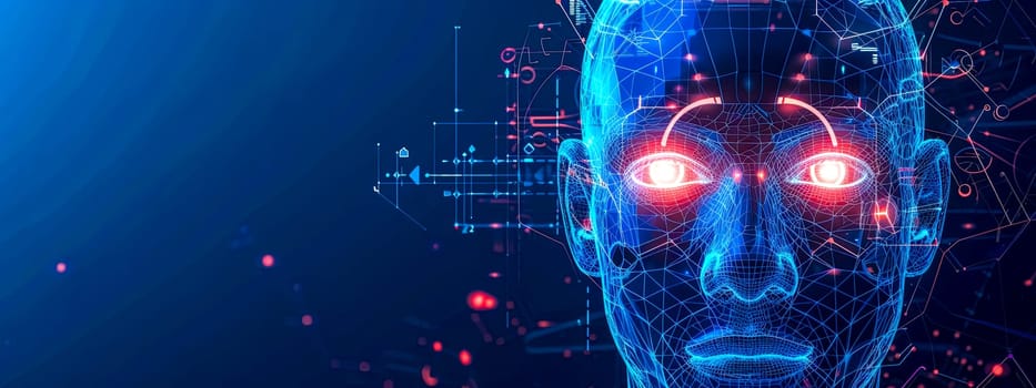 Futuristic Artificial Intelligence Humanoid Face with Neon Glowing Eyes in Digital Network. copy space