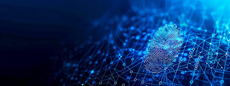 Blue Cybersecurity Fingerprint Network for Digital Biometric Authentication and Data Protection, copy space
