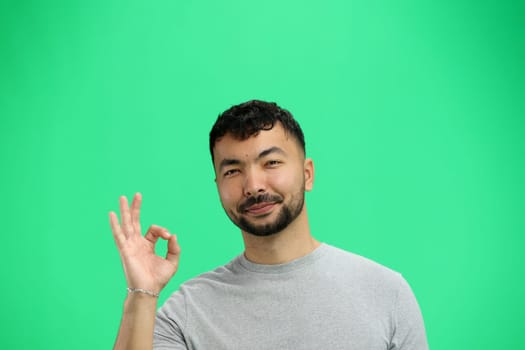 A man, on a green background, in close-up, shows an ok sign.