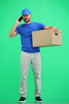 The deliveryman, in full height, on a green background, with a box and a phone.