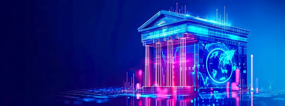 Futuristic Cybernetic Building in Neon Hues - Digital Technology and Virtual Reality Concept. copy space