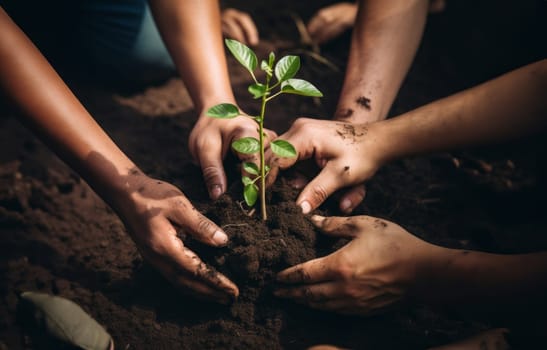 hands from a close-knit community come together to plant a young sapling, symbolizing collective growth, environmental stewardship, and the nurturing bond between people and nature.Generated image.