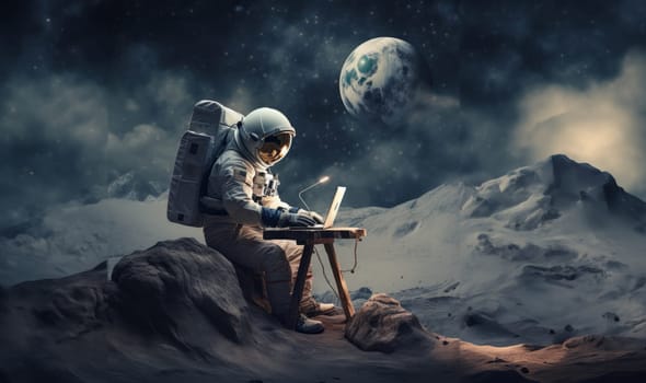 An astronaut utilizes a computer on Mars during the serene Martian night, with the moon visible in the cosmic sky, symbolizing the ongoing exploration of the Red Planet.Generated image.