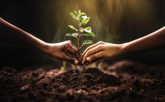 hands from a close-knit community come together to plant a young sapling, symbolizing collective growth, environmental stewardship, and the nurturing bond between people and nature.Generated image.