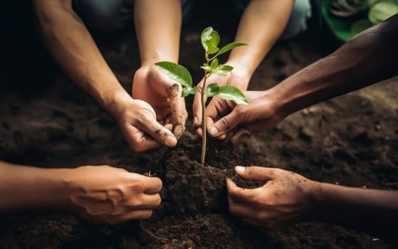 hands from a close-knit community come together to plant a young sapling, symbolizing collective growth, environmental stewardship, and the nurturing bond between people and nature.Generated image.