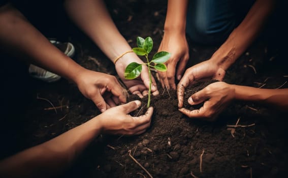 hands from a close-knit community come together to plant a young sapling, symbolizing collective growth, environmental stewardship, and the nurturing bond between people and nature.Generated image.