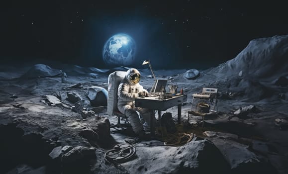 An astronaut utilizes a computer on Mars during the serene Martian night, with the moon visible in the cosmic sky, symbolizing the ongoing exploration of the Red Planet.Generated image.