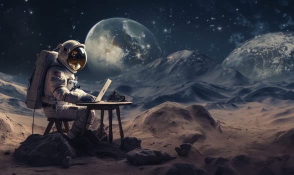 An astronaut utilizes a computer on Mars during the serene Martian night, with the moon visible in the cosmic sky, symbolizing the ongoing exploration of the Red Planet.Generated image.