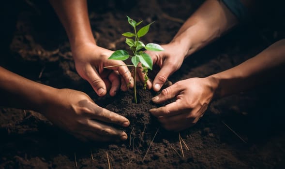 hands from a close-knit community come together to plant a young sapling, symbolizing collective growth, environmental stewardship, and the nurturing bond between people and nature.Generated image.