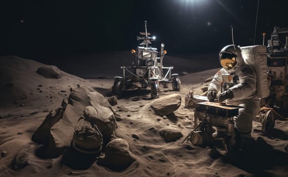 An astronaut utilizes a computer on Mars during the serene Martian night, with the moon visible in the cosmic sky, symbolizing the ongoing exploration of the Red Planet.Generated image.