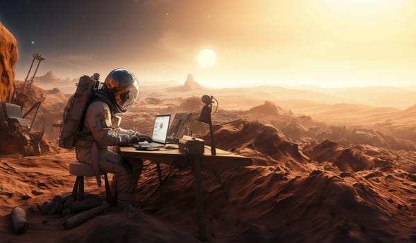 An astronaut on Mars utilizes a laptop during the enchanting sunset, blending the realms of technology and exploration on the red planet, symbolizing the cosmic connection between human innovation and the extraterrestrial landscape.Generated image.