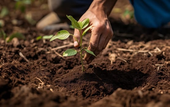 hands from a close-knit community come together to plant a young sapling, symbolizing collective growth, environmental stewardship, and the nurturing bond between people and nature.Generated image.