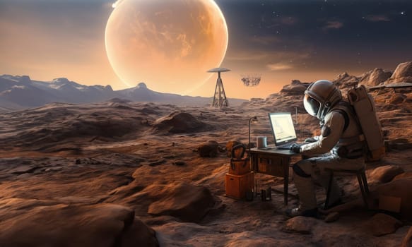 An astronaut on Mars utilizes a laptop during the enchanting sunset, blending the realms of technology and exploration on the red planet, symbolizing the cosmic connection between human innovation and the extraterrestrial landscape.Generated image.