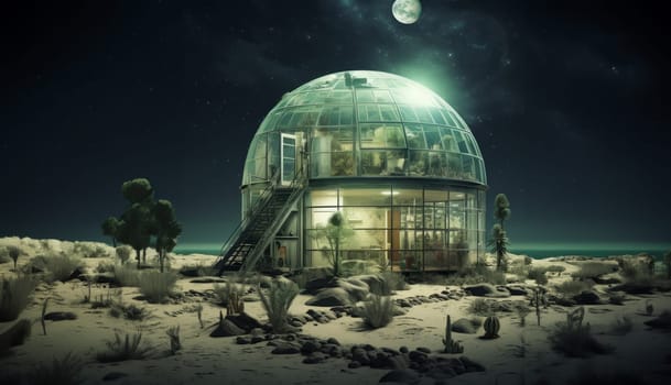 Within a glass-enclosed chamber on Mars, a pioneering space greenhouse cultivates earthly sustenance, showcasing the integration of advanced technology and sustainable practices for extraterrestrial agriculture in the quest for self-sufficiency on the Red Planet.Generated image.