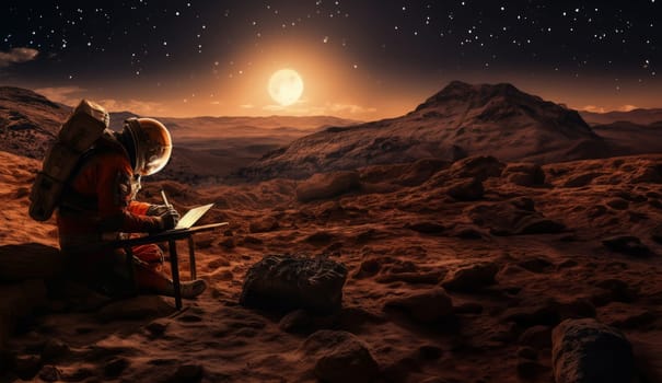 An astronaut on Mars utilizes a laptop during the enchanting sunset, blending the realms of technology and exploration on the red planet, symbolizing the cosmic connection between human innovation and the extraterrestrial landscape.Generated image.