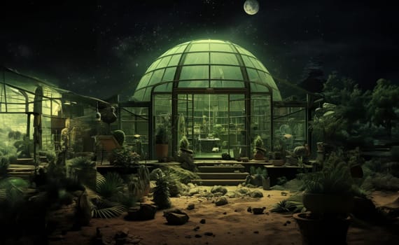 Within a glass-enclosed chamber on Mars, a pioneering space greenhouse cultivates earthly sustenance, showcasing the integration of advanced technology and sustainable practices for extraterrestrial agriculture in the quest for self-sufficiency on the Red Planet.Generated image.