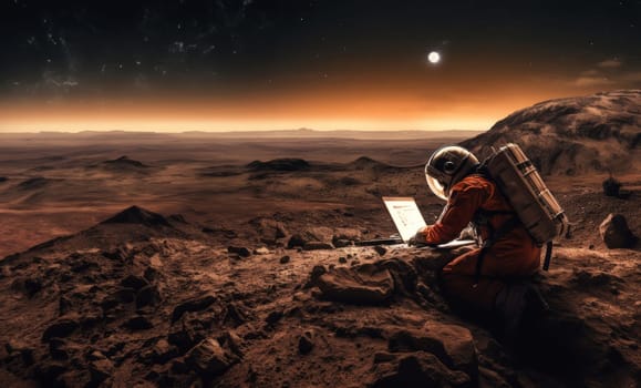 An astronaut on Mars utilizes a laptop during the enchanting sunset, blending the realms of technology and exploration on the red planet, symbolizing the cosmic connection between human innovation and the extraterrestrial landscape.Generated image.